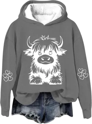 Highland Cow Hoodies for Women Cute Funny Graphic Sweatshirt Cowgirl Long Sleeve Plus Size Oversized Pullover Tops