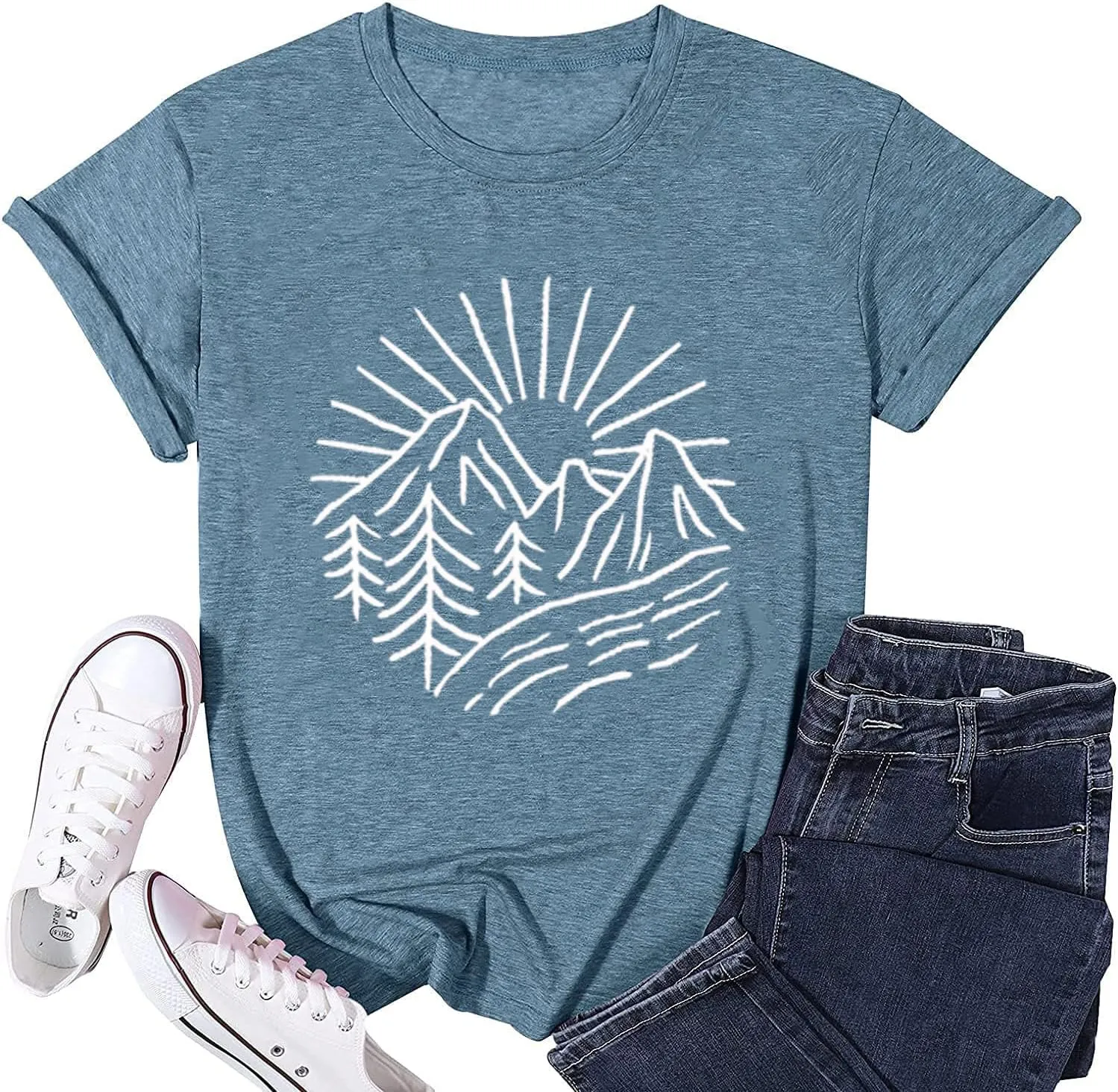 Hiking Mountain Tank Tops for Women Funny Pine Tree Sunrise Graphic Workout Tanks Summer Sleeveless Loose Fit Shirts Tops