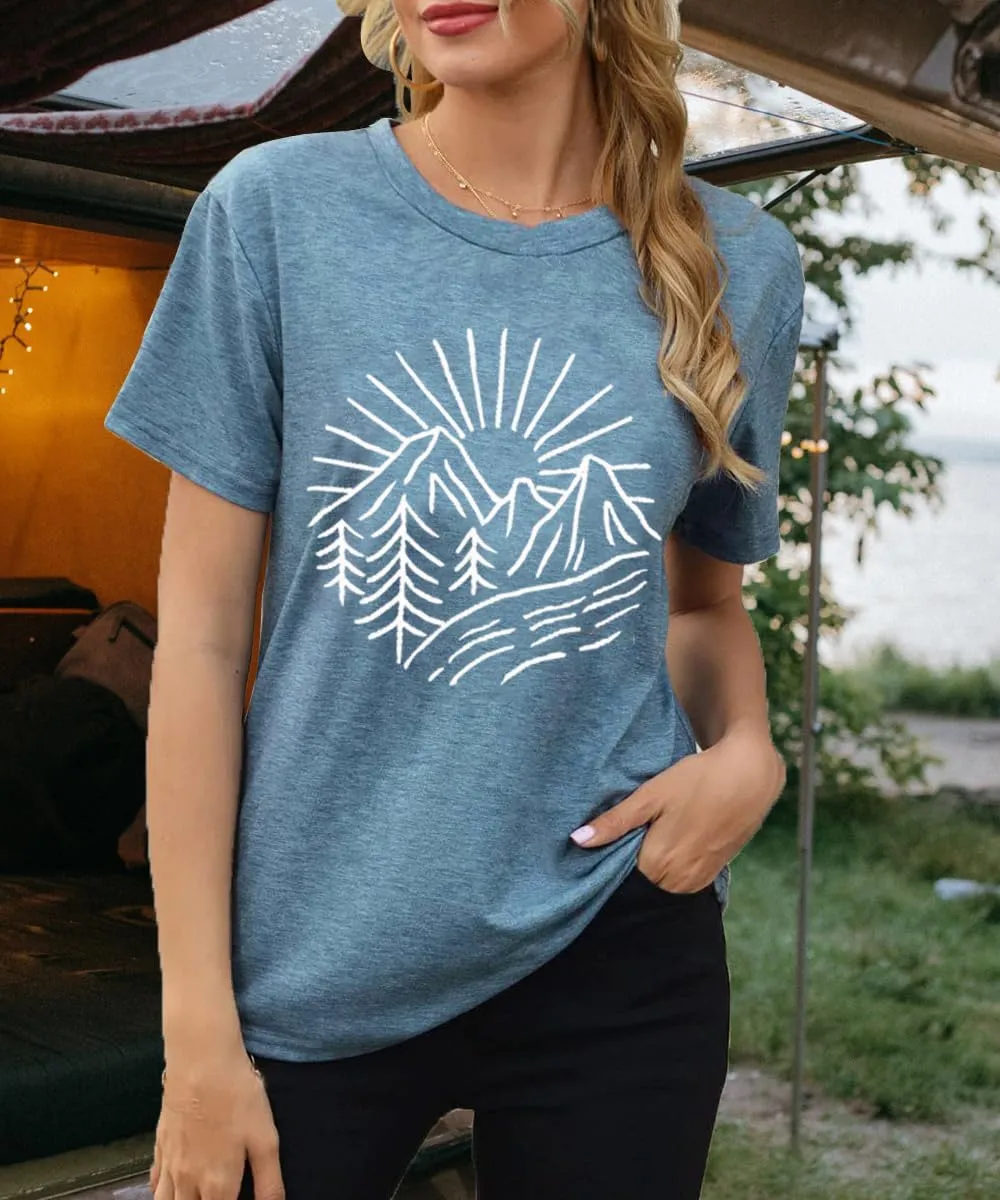 Hiking Mountain Tank Tops for Women Funny Pine Tree Sunrise Graphic Workout Tanks Summer Sleeveless Loose Fit Shirts Tops