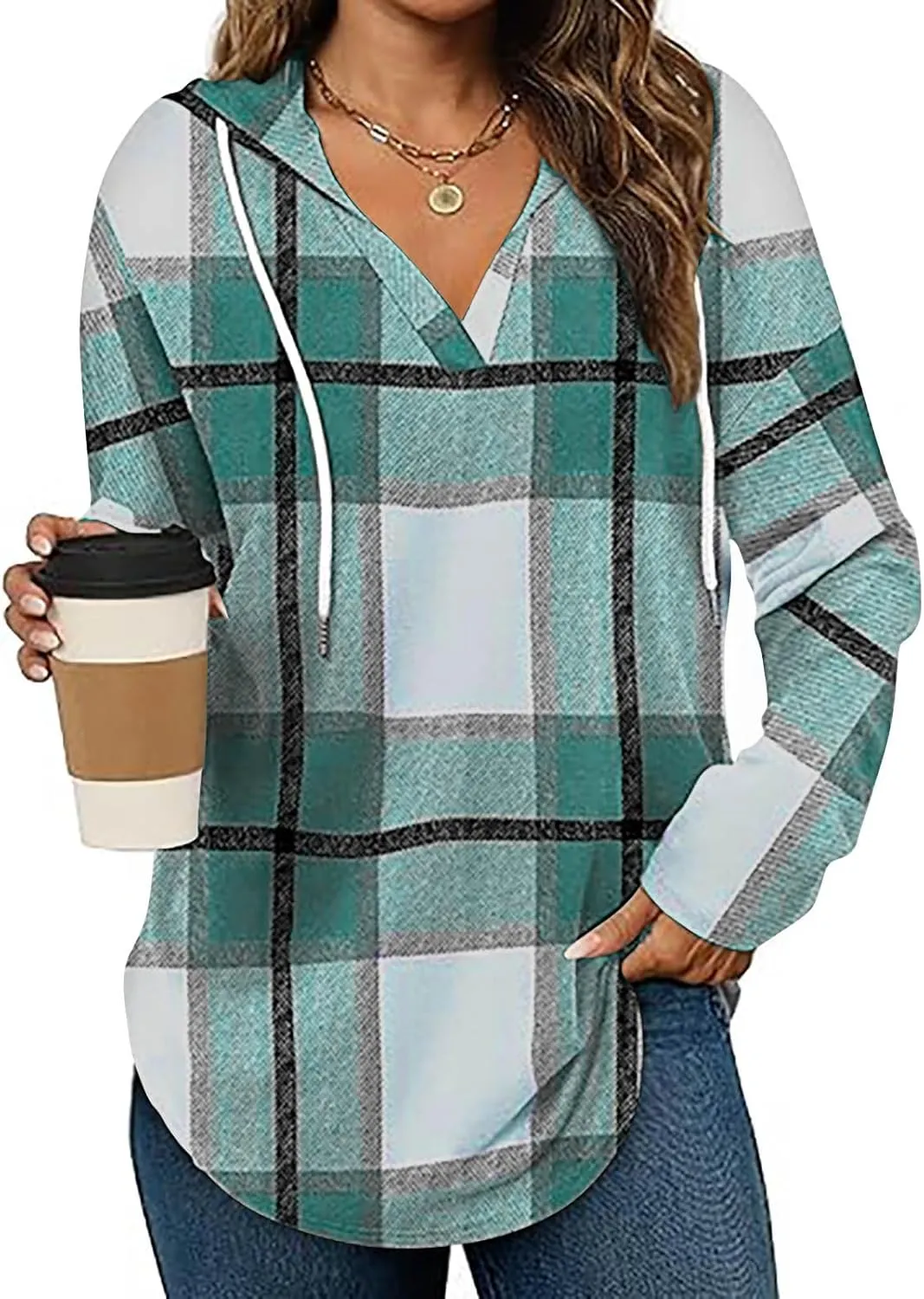 Hoodies for Women Long Sleeve Plaid Shirt Oversized Flannel Sweatshirt Dressy Casual Shirts Loose Fit Pullover Hoodie