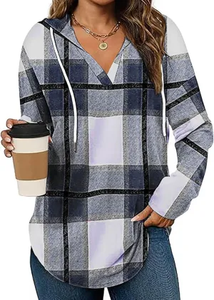Hoodies for Women Long Sleeve Plaid Shirt Oversized Flannel Sweatshirt Dressy Casual Shirts Loose Fit Pullover Hoodie