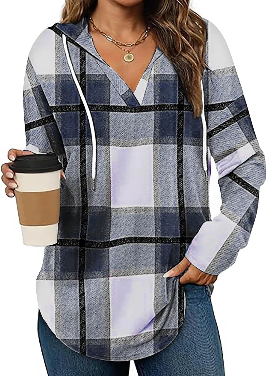 Hoodies for Women Long Sleeve Plaid Shirt Oversized Flannel Sweatshirt Dressy Casual Shirts Loose Fit Pullover Hoodie