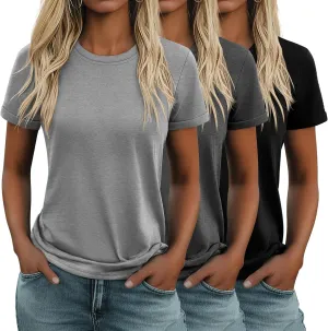 Huukeay 3 Pack Women's Cotton T Shirts Casual Short Sleeve Tunic Tops Crewneck Summer Plain Basic Loose Fit Tee