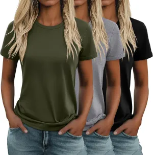Huukeay 3 Pack Women's Cotton T Shirts Casual Short Sleeve Tunic Tops Crewneck Summer Plain Basic Loose Fit Tee
