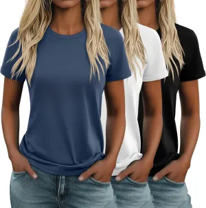 Huukeay 3 Pack Women's Cotton T Shirts Casual Short Sleeve Tunic Tops Crewneck Summer Plain Basic Loose Fit Tee