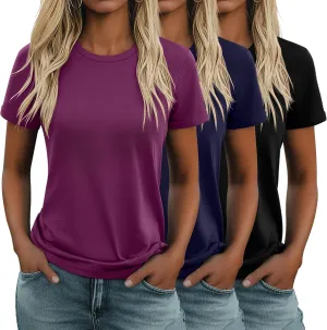 Huukeay 3 Pack Women's Cotton T Shirts Casual Short Sleeve Tunic Tops Crewneck Summer Plain Basic Loose Fit Tee