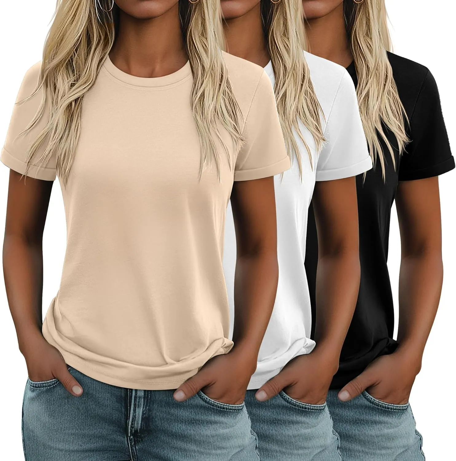 Huukeay 3 Pack Women's Cotton T Shirts Casual Short Sleeve Tunic Tops Crewneck Summer Plain Basic Loose Fit Tee