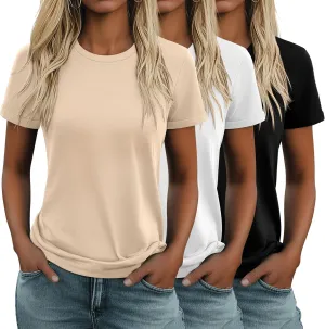 Huukeay 3 Pack Women's Cotton T Shirts Casual Short Sleeve Tunic Tops Crewneck Summer Plain Basic Loose Fit Tee