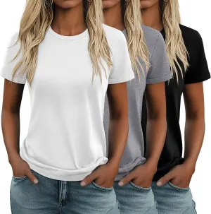 Huukeay 3 Pack Women's Cotton T Shirts Casual Short Sleeve Tunic Tops Crewneck Summer Plain Basic Loose Fit Tee