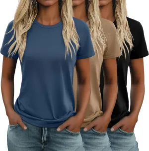 Huukeay 3 Pack Women's Cotton T Shirts Casual Short Sleeve Tunic Tops Crewneck Summer Plain Basic Loose Fit Tee