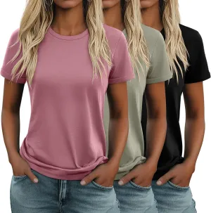 Huukeay 3 Pack Women's Cotton T Shirts Casual Short Sleeve Tunic Tops Crewneck Summer Plain Basic Loose Fit Tee