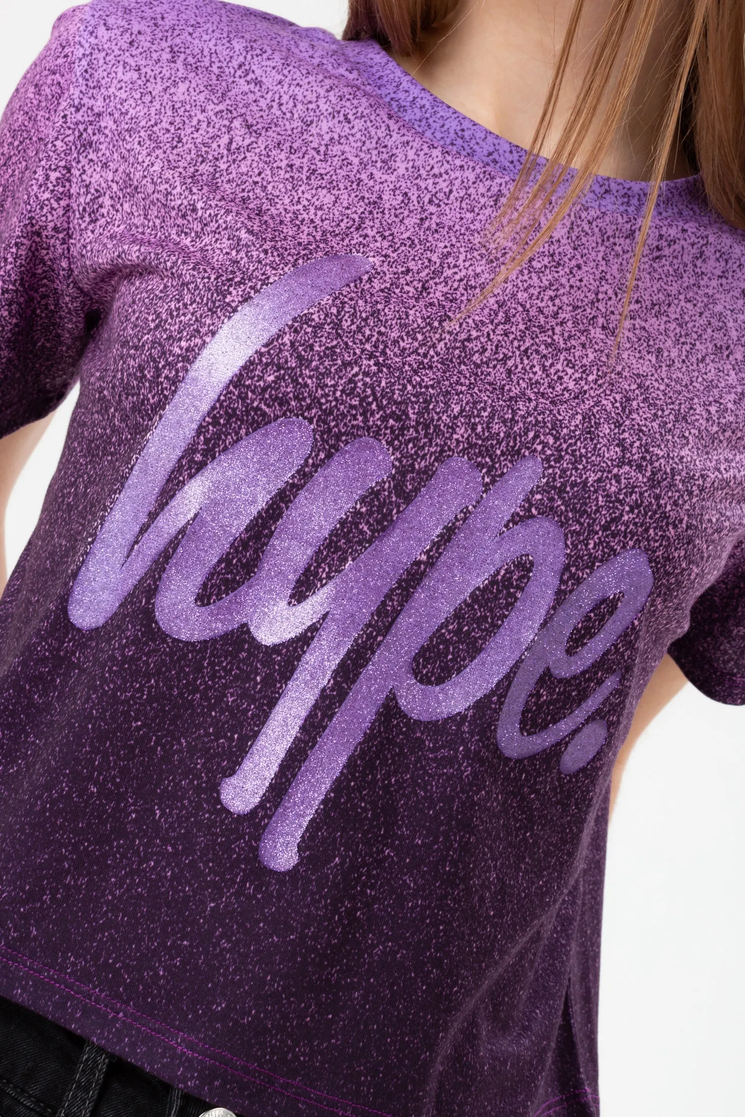Hype Purple Speckle Fade Glitter Cropped T-Shirt Yvlr511