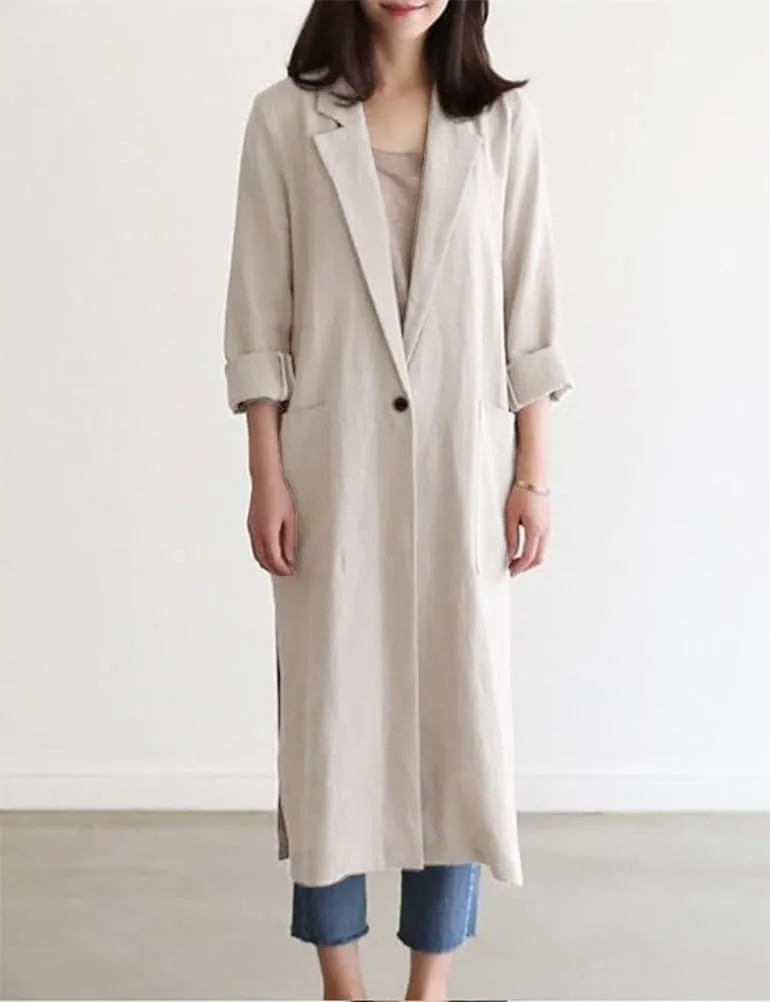IDEALSANXUN Womens Long Cotton Linen Blazer Casual Spring Jackets Trench Coat