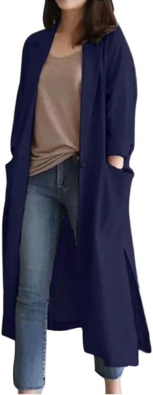IDEALSANXUN Womens Long Cotton Linen Blazer Casual Spring Jackets Trench Coat