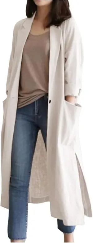 IDEALSANXUN Womens Long Cotton Linen Blazer Casual Spring Jackets Trench Coat