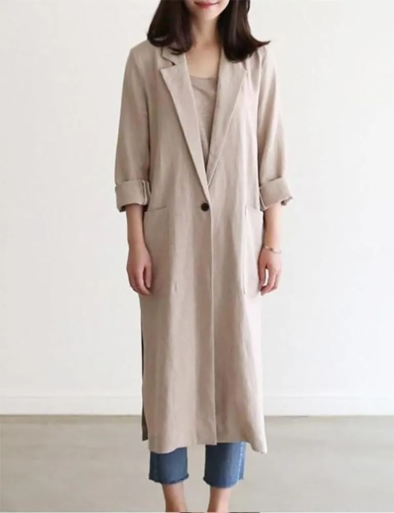 IDEALSANXUN Womens Long Cotton Linen Blazer Casual Spring Jackets Trench Coat