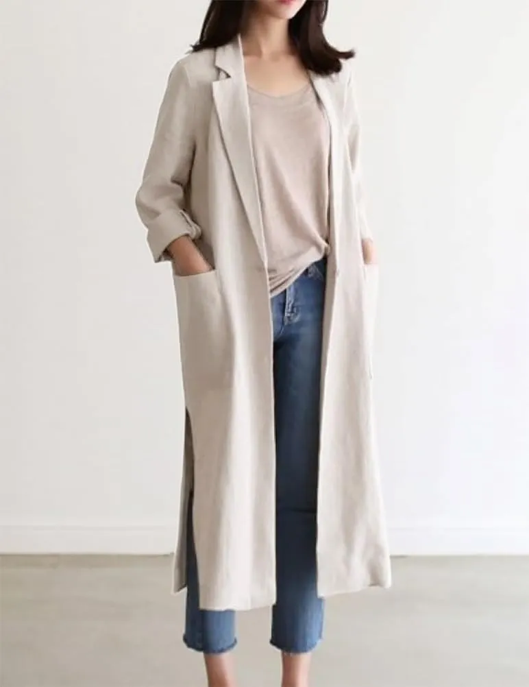 IDEALSANXUN Womens Long Cotton Linen Blazer Casual Spring Jackets Trench Coat
