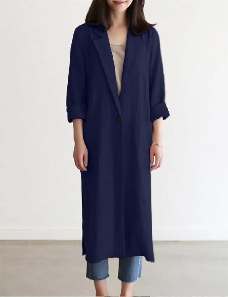IDEALSANXUN Womens Long Cotton Linen Blazer Casual Spring Jackets Trench Coat