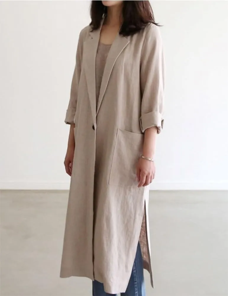 IDEALSANXUN Womens Long Cotton Linen Blazer Casual Spring Jackets Trench Coat