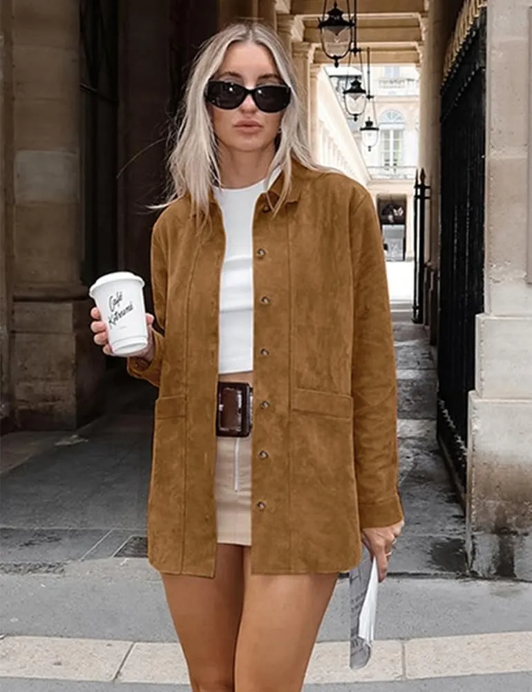 IDEALSANXUN Womens Suede Jacket Fall Winter Casual Oversized Faux Leather Blazer Jackets Trench Coat
