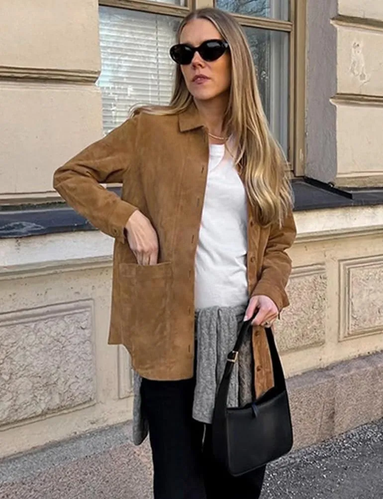 IDEALSANXUN Womens Suede Jacket Fall Winter Casual Oversized Faux Leather Blazer Jackets Trench Coat