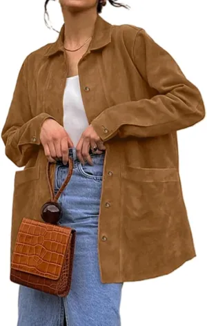 IDEALSANXUN Womens Suede Jacket Fall Winter Casual Oversized Faux Leather Blazer Jackets Trench Coat