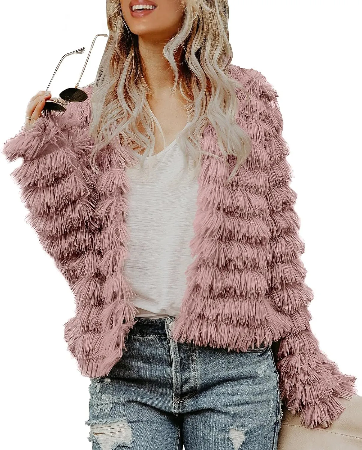 Inorin Womens Fall Open Front Cardigan Faux Fur Coat Vintage Parka Shaggy Jacket Warm Coat Tops