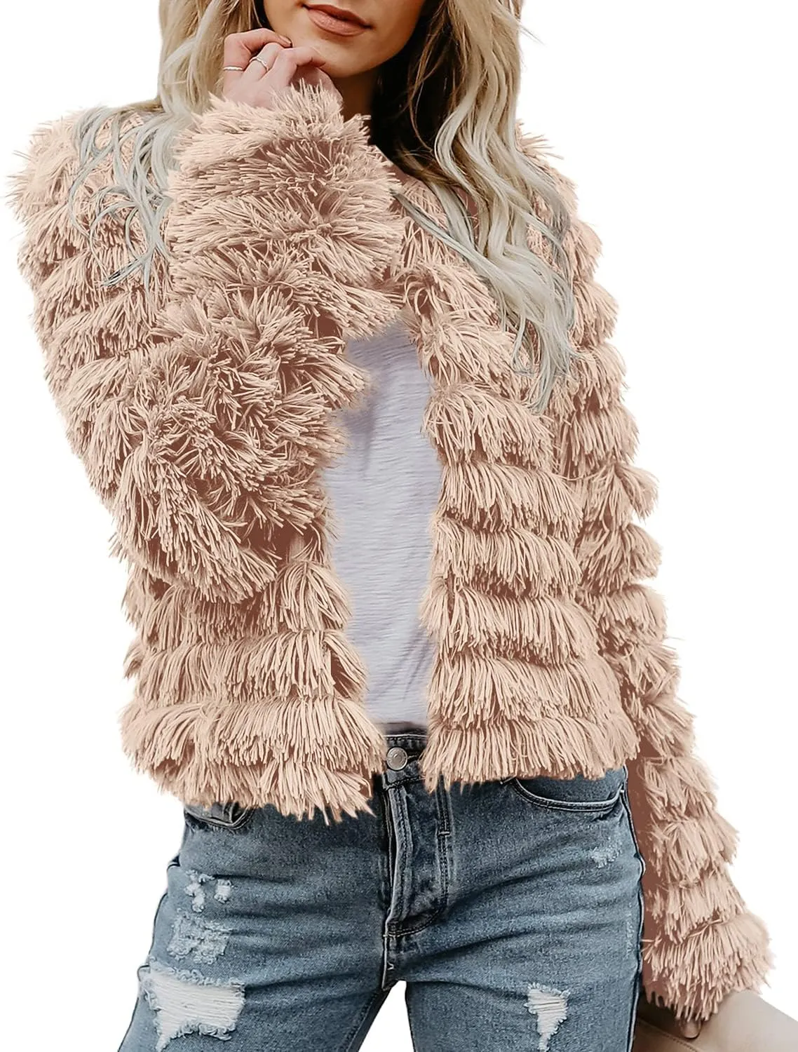 Inorin Womens Fall Open Front Cardigan Faux Fur Coat Vintage Parka Shaggy Jacket Warm Coat Tops