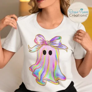 Iridescent looking Ghost with Bow Graphic T-Shirt, Nurse Crew T-Shirt, Nurse T-Shirt, Nurse Gift, Cute Nurse Ghost Halloween Shirt, shiny ghost
