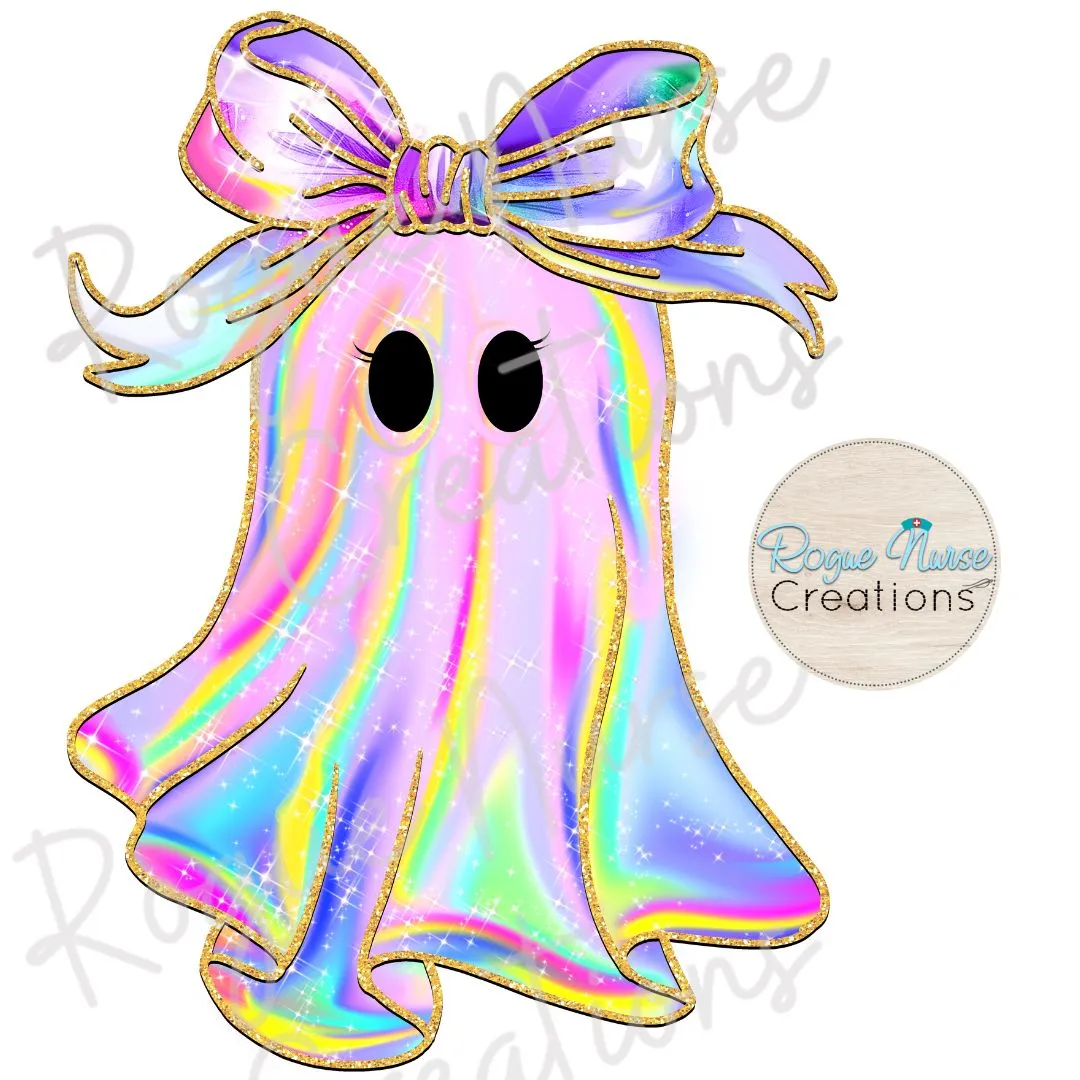 Iridescent looking Ghost with Bow Graphic T-Shirt, Nurse Crew T-Shirt, Nurse T-Shirt, Nurse Gift, Cute Nurse Ghost Halloween Shirt, shiny ghost