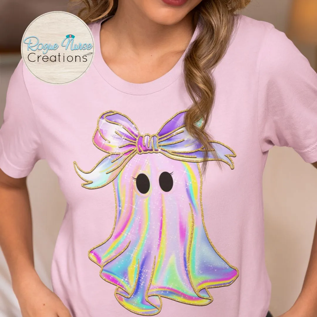 Iridescent looking Ghost with Bow Graphic T-Shirt, Nurse Crew T-Shirt, Nurse T-Shirt, Nurse Gift, Cute Nurse Ghost Halloween Shirt, shiny ghost