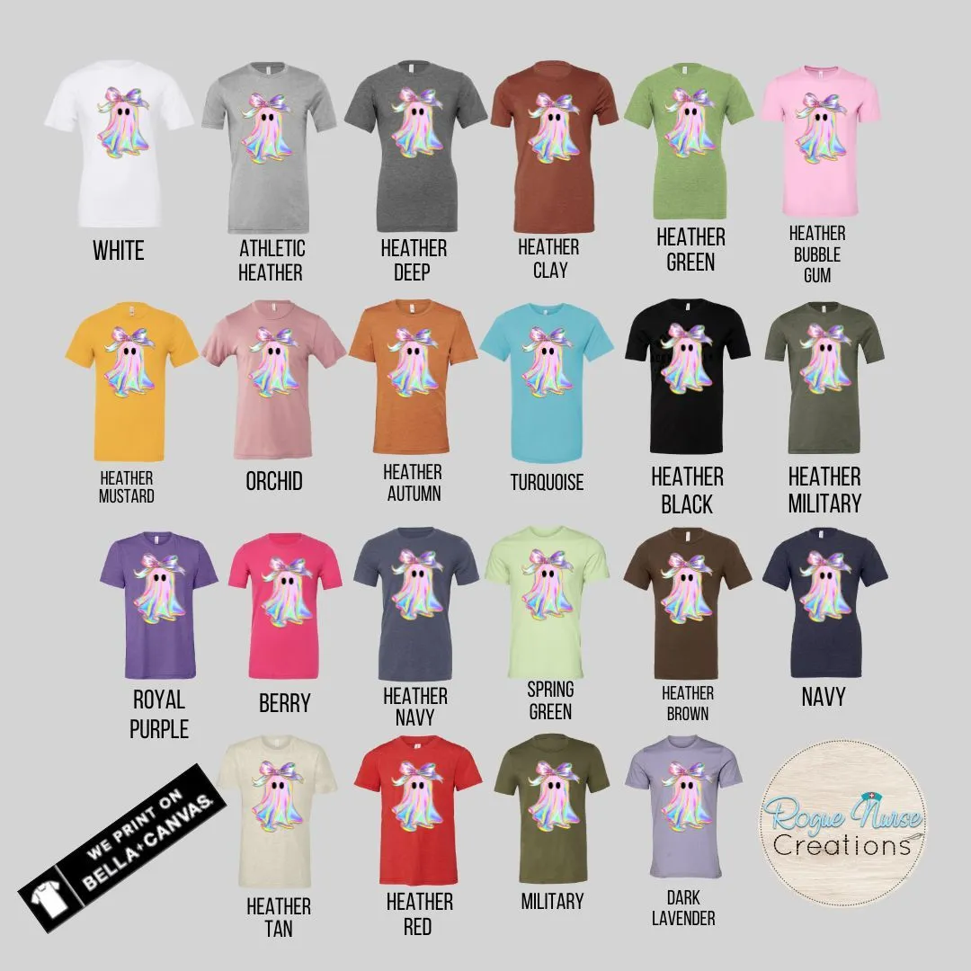 Iridescent looking Ghost with Bow Graphic T-Shirt, Nurse Crew T-Shirt, Nurse T-Shirt, Nurse Gift, Cute Nurse Ghost Halloween Shirt, shiny ghost