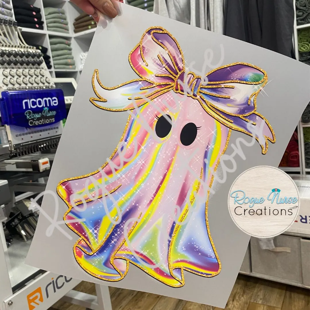Iridescent looking Ghost with Bow Graphic T-Shirt, Nurse Crew T-Shirt, Nurse T-Shirt, Nurse Gift, Cute Nurse Ghost Halloween Shirt, shiny ghost