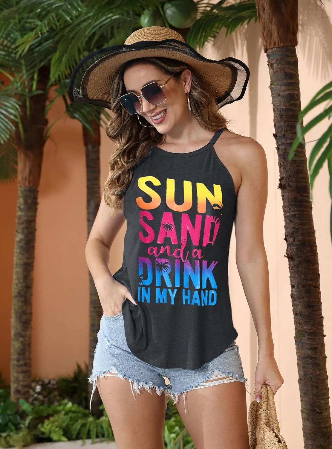 IRISGOD Womens High Neck Tank Tops Summer Graphic Halter Sleeveless Rocker Tee Shirts