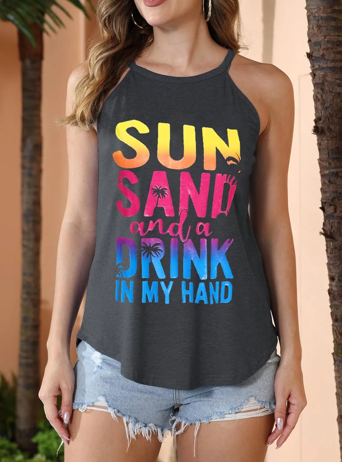IRISGOD Womens High Neck Tank Tops Summer Graphic Halter Sleeveless Rocker Tee Shirts
