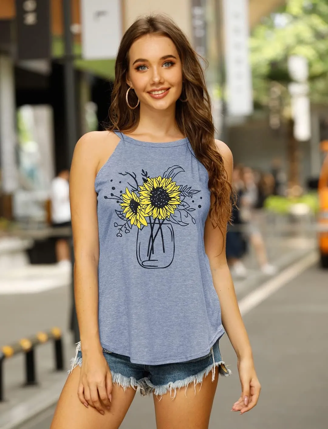 IRISGOD Womens High Neck Tank Tops Summer Graphic Halter Sleeveless Rocker Tee Shirts