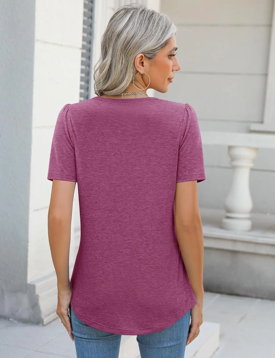 Ivicoer Womens Summer Tops Short Puff Sleeve Dressy Casual Blouses Crew Neck Pleated T Shirts Loose Fit Spring Tunic