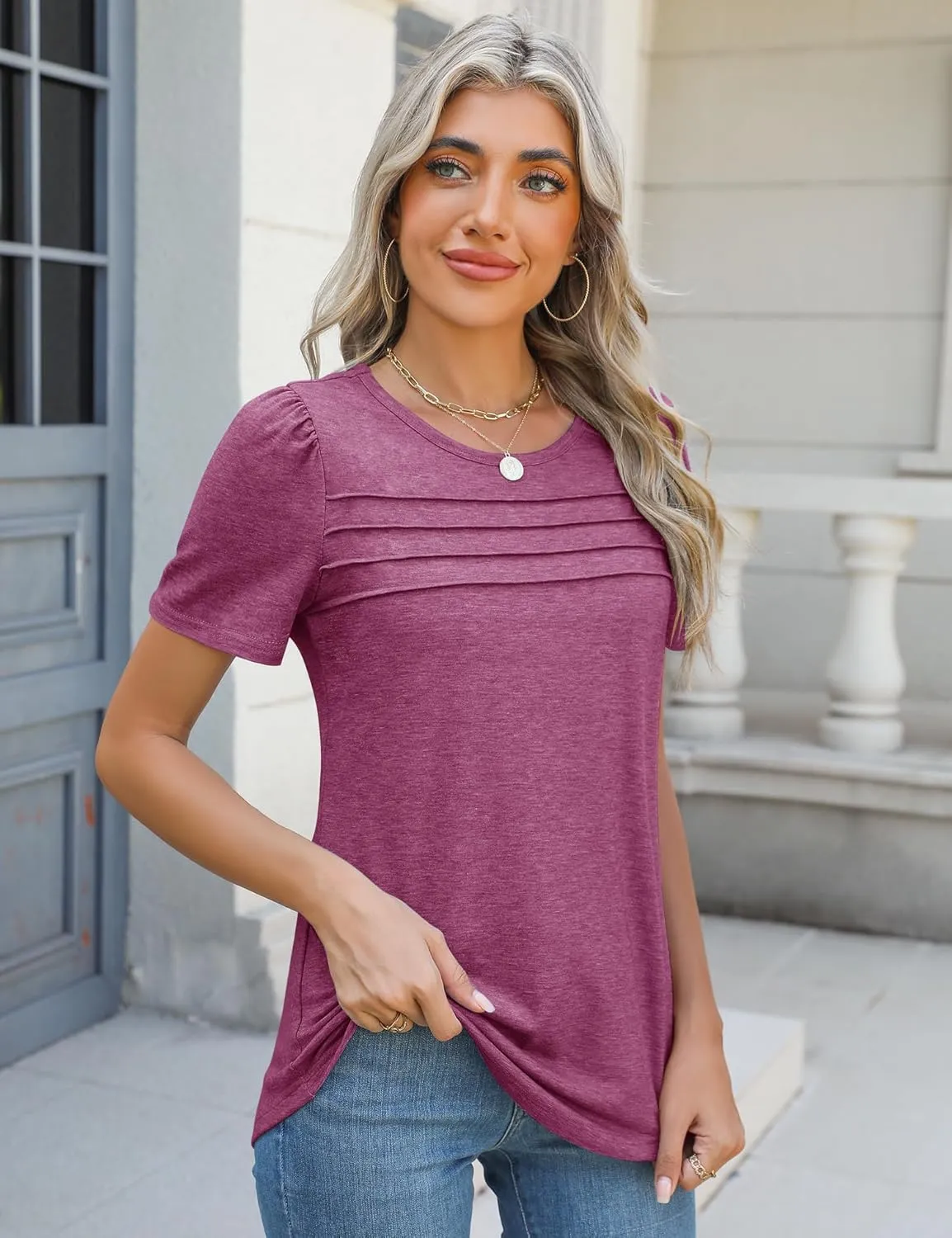 Ivicoer Womens Summer Tops Short Puff Sleeve Dressy Casual Blouses Crew Neck Pleated T Shirts Loose Fit Spring Tunic
