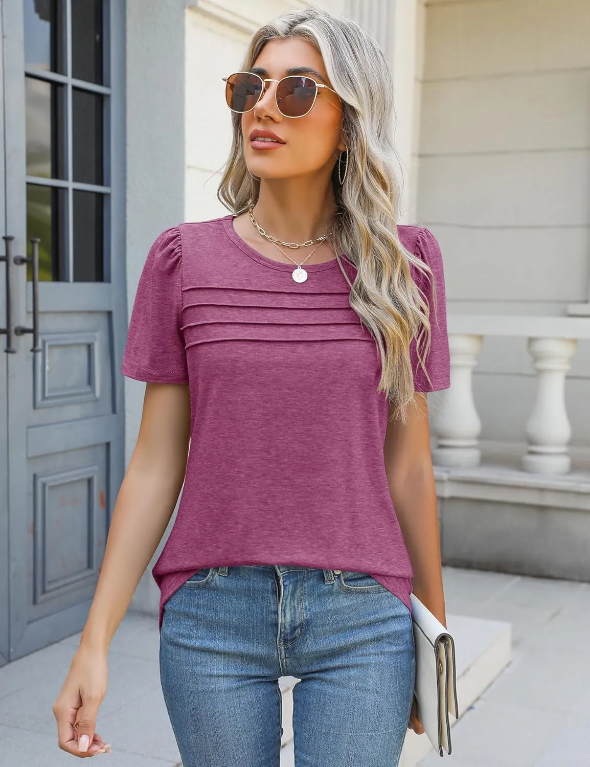 Ivicoer Womens Summer Tops Short Puff Sleeve Dressy Casual Blouses Crew Neck Pleated T Shirts Loose Fit Spring Tunic