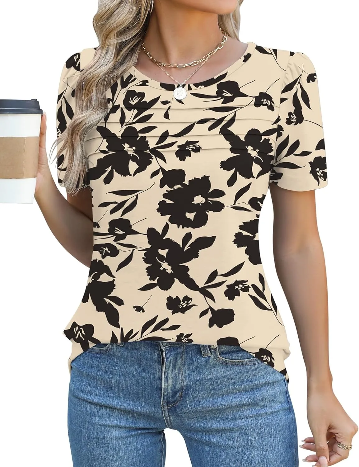 Ivicoer Womens Summer Tops Short Puff Sleeve Dressy Casual Blouses Crew Neck Pleated T Shirts Loose Fit Spring Tunic
