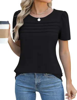 Ivicoer Womens Summer Tops Short Puff Sleeve Dressy Casual Blouses Crew Neck Pleated T Shirts Loose Fit Spring Tunic