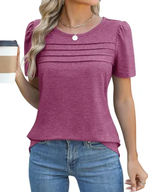 Ivicoer Womens Summer Tops Short Puff Sleeve Dressy Casual Blouses Crew Neck Pleated T Shirts Loose Fit Spring Tunic