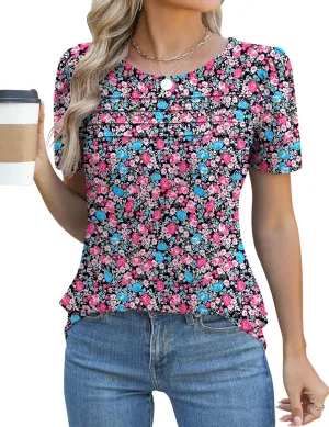 Ivicoer Womens Summer Tops Short Puff Sleeve Dressy Casual Blouses Crew Neck Pleated T Shirts Loose Fit Spring Tunic