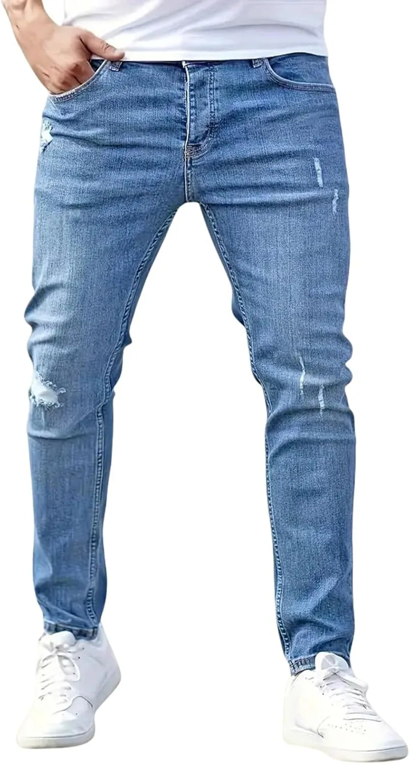 Jeans for Men Stretch Fit Skinny Denim Pants Casual Distressed Jeans Straight Leg Slim Fit Trendy Streetwear Spring