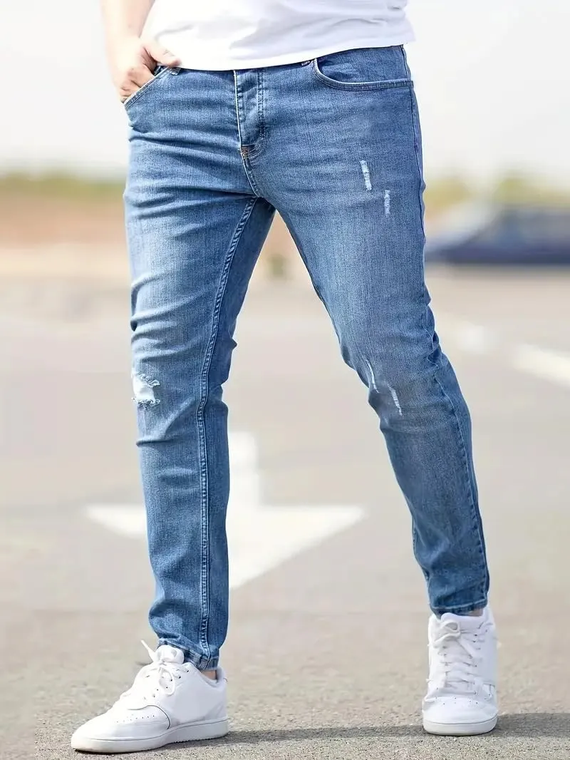 Jeans for Men Stretch Fit Skinny Denim Pants Casual Distressed Jeans Straight Leg Slim Fit Trendy Streetwear Spring