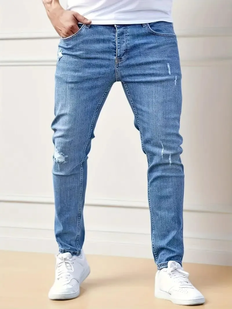 Jeans for Men Stretch Fit Skinny Denim Pants Casual Distressed Jeans Straight Leg Slim Fit Trendy Streetwear Spring