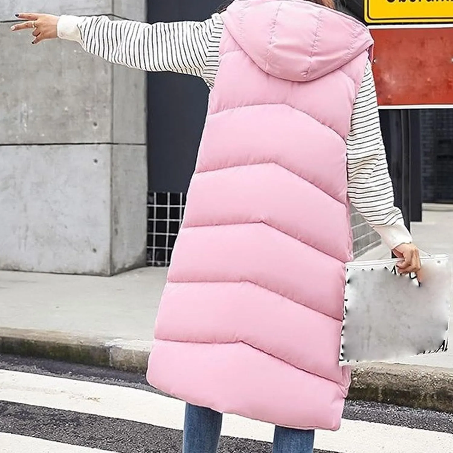 JEsilunmaMY Womens Long Down Vest Jacket Sleeveless Hoodie Full-Zip Hooded Puffer Vest Warm Cotton Padded Jacket Winter Coat