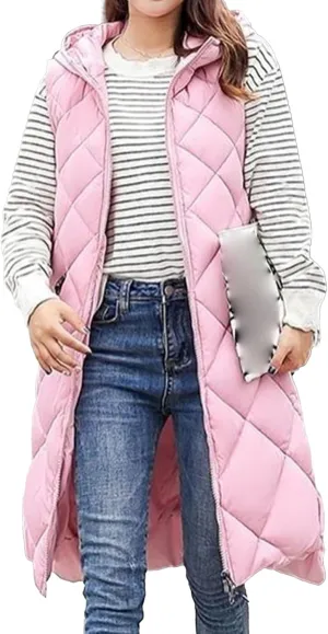 JEsilunmaMY Womens Long Down Vest Jacket Sleeveless Hoodie Full-Zip Hooded Puffer Vest Warm Cotton Padded Jacket Winter Coat