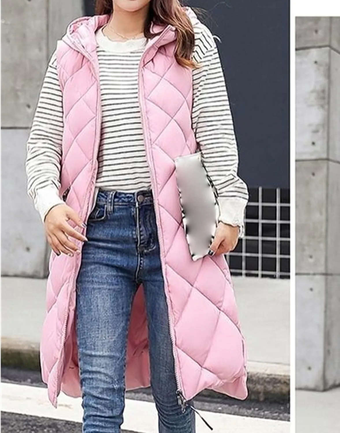 JEsilunmaMY Womens Long Down Vest Jacket Sleeveless Hoodie Full-Zip Hooded Puffer Vest Warm Cotton Padded Jacket Winter Coat