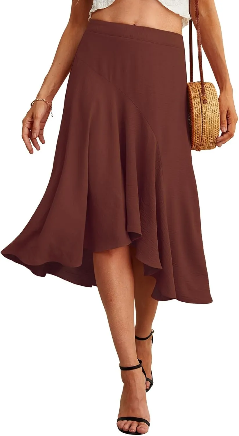 JINKESI Women's Midi Skirt Elegant Flowy Ruffle High Waist Summer Casual High Low Midi Skirts